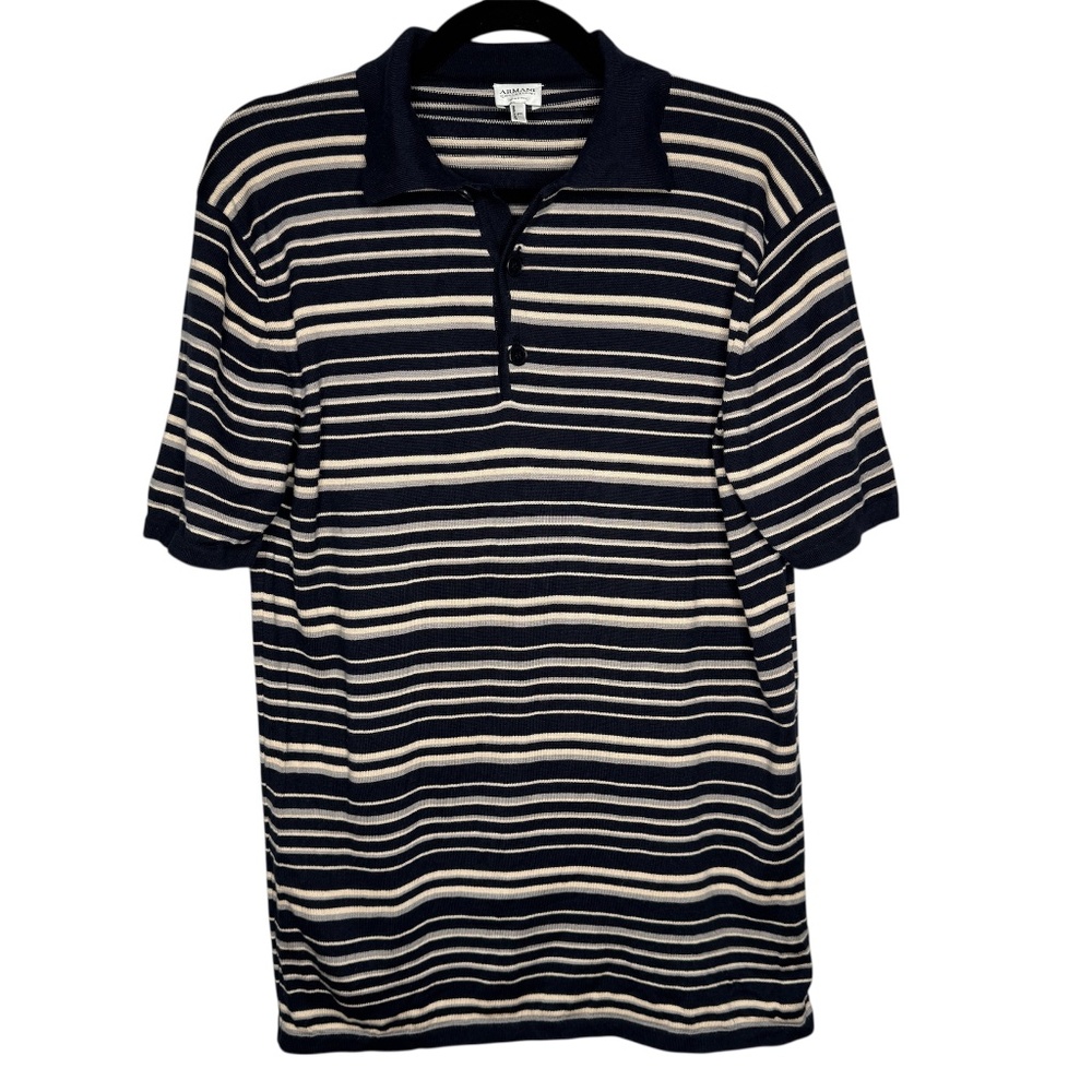 Rare Vintage Men's Armani Collezioni Polo Shirt Striped Large with Button Collar